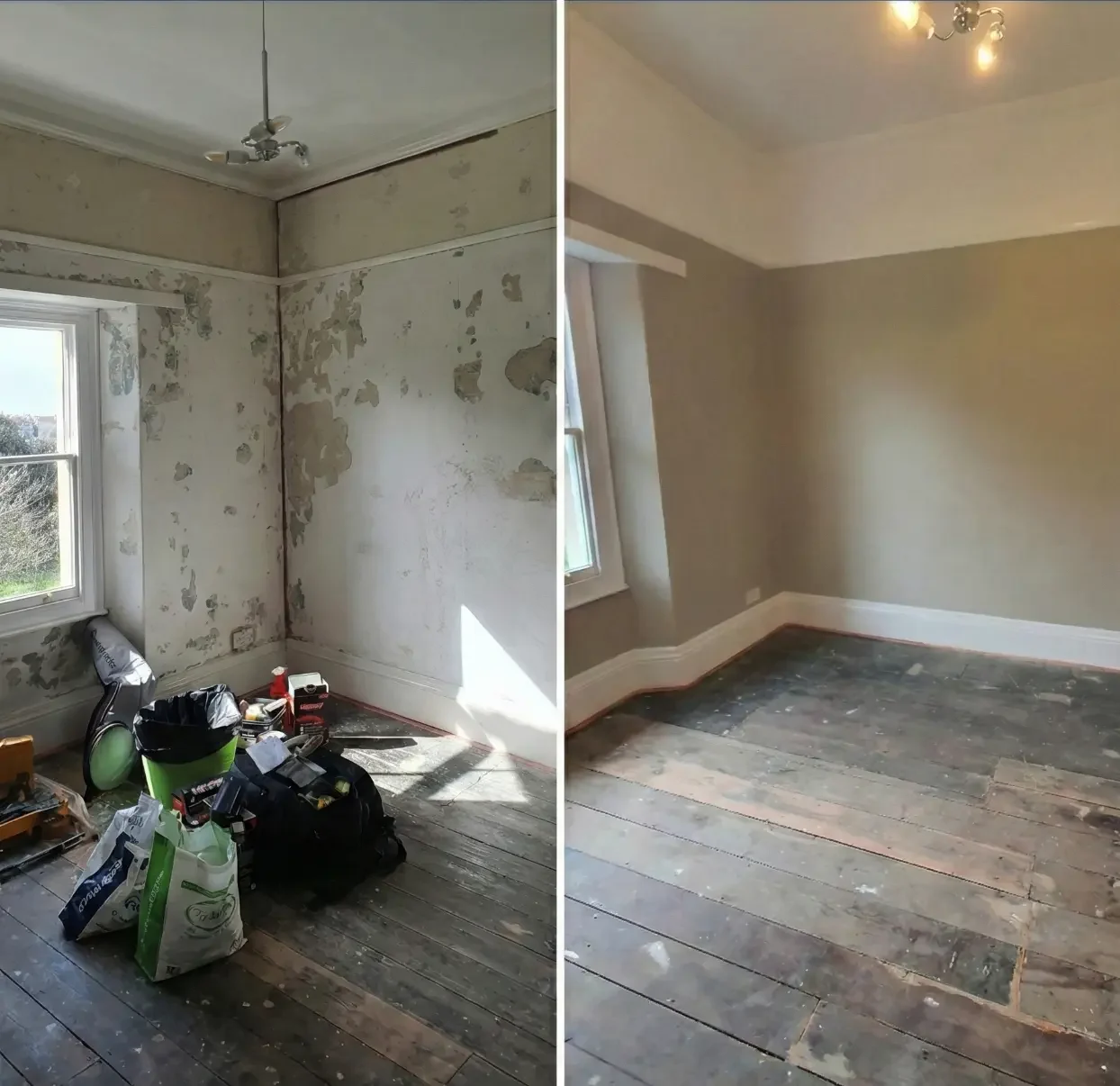 Before and after interior renovation of a dilapidated room, showing extensive plaster repair and professional painting.