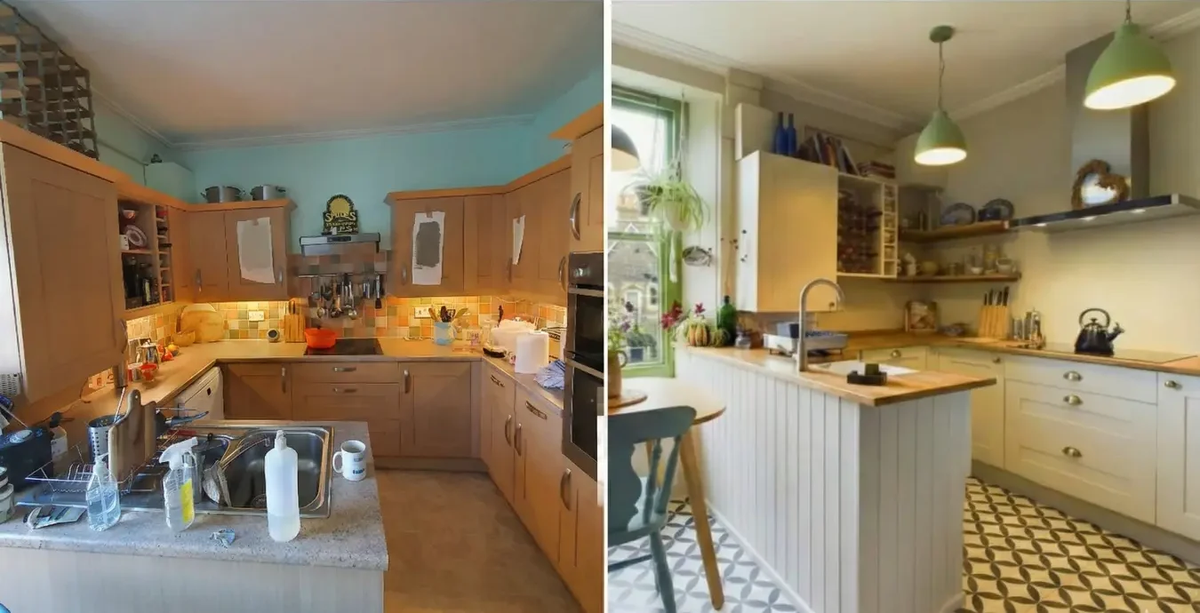 Before and after kitchen refurbishment. Original units & new peninsula paneling hand painted in farrow & ball shaded white.