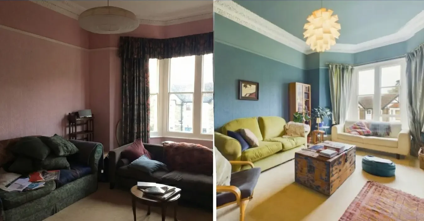 Before and after Victorian living room makeover.