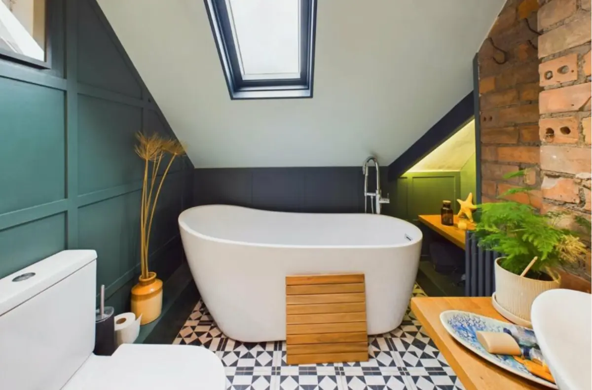 Installation of bathroom & wood panelling painted in Little Green Three Farm Green & Victorian style ceramic tiles.