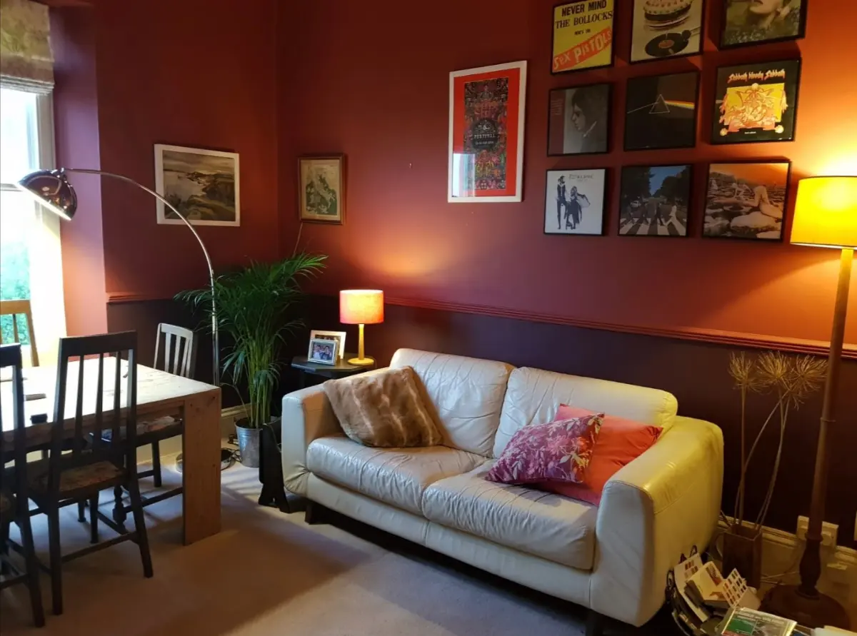Reception room with walls above dado rail in Farrow & Ball Eating Room Red, Walls below dado rail Farrow & Ball Brinjal