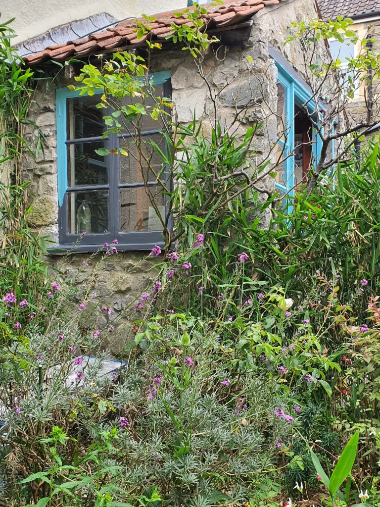 Exterior stone cottage blue painted window frame